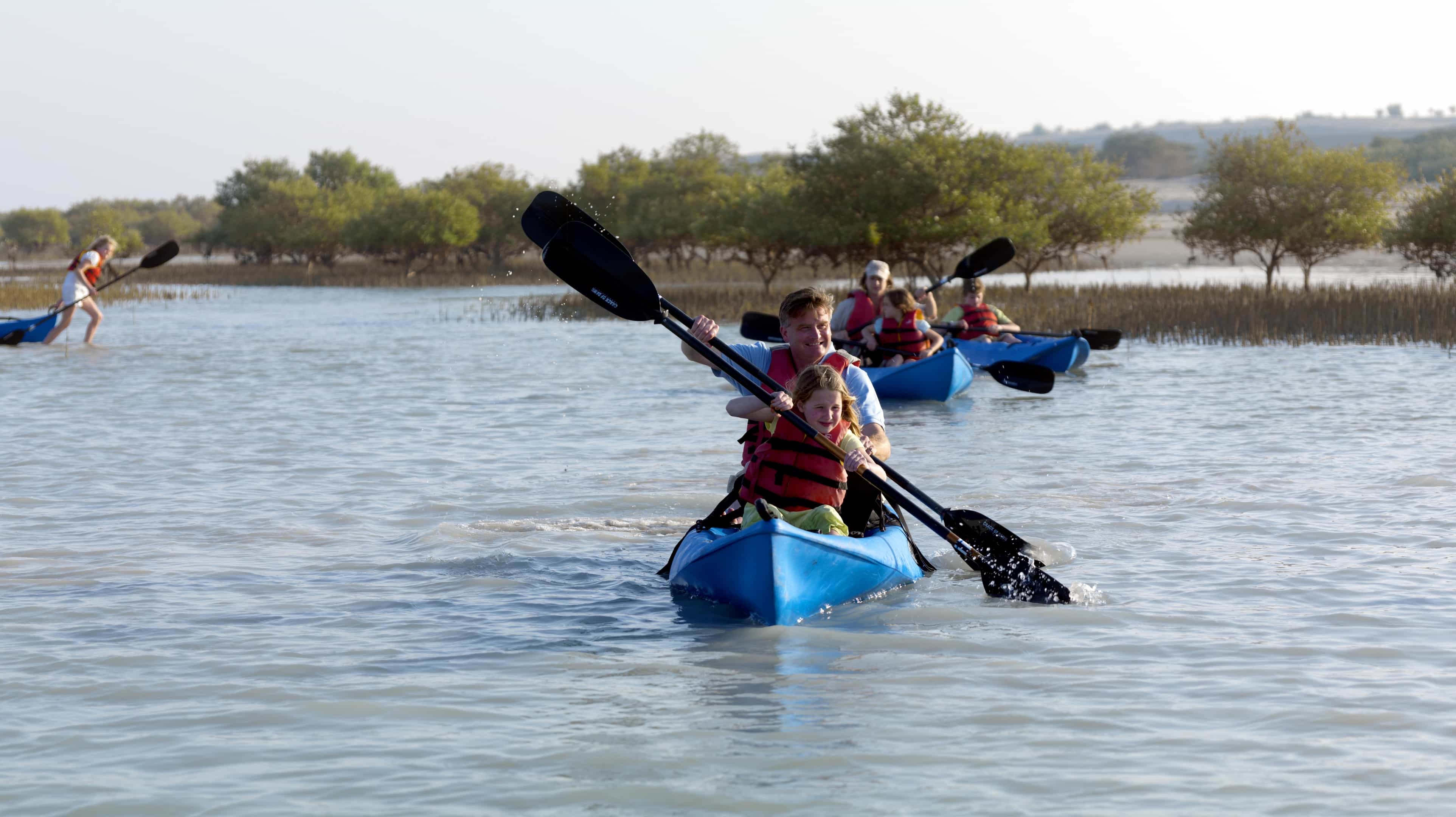 Группа туристов плывут на каяках по бескрайним мангровым лесам