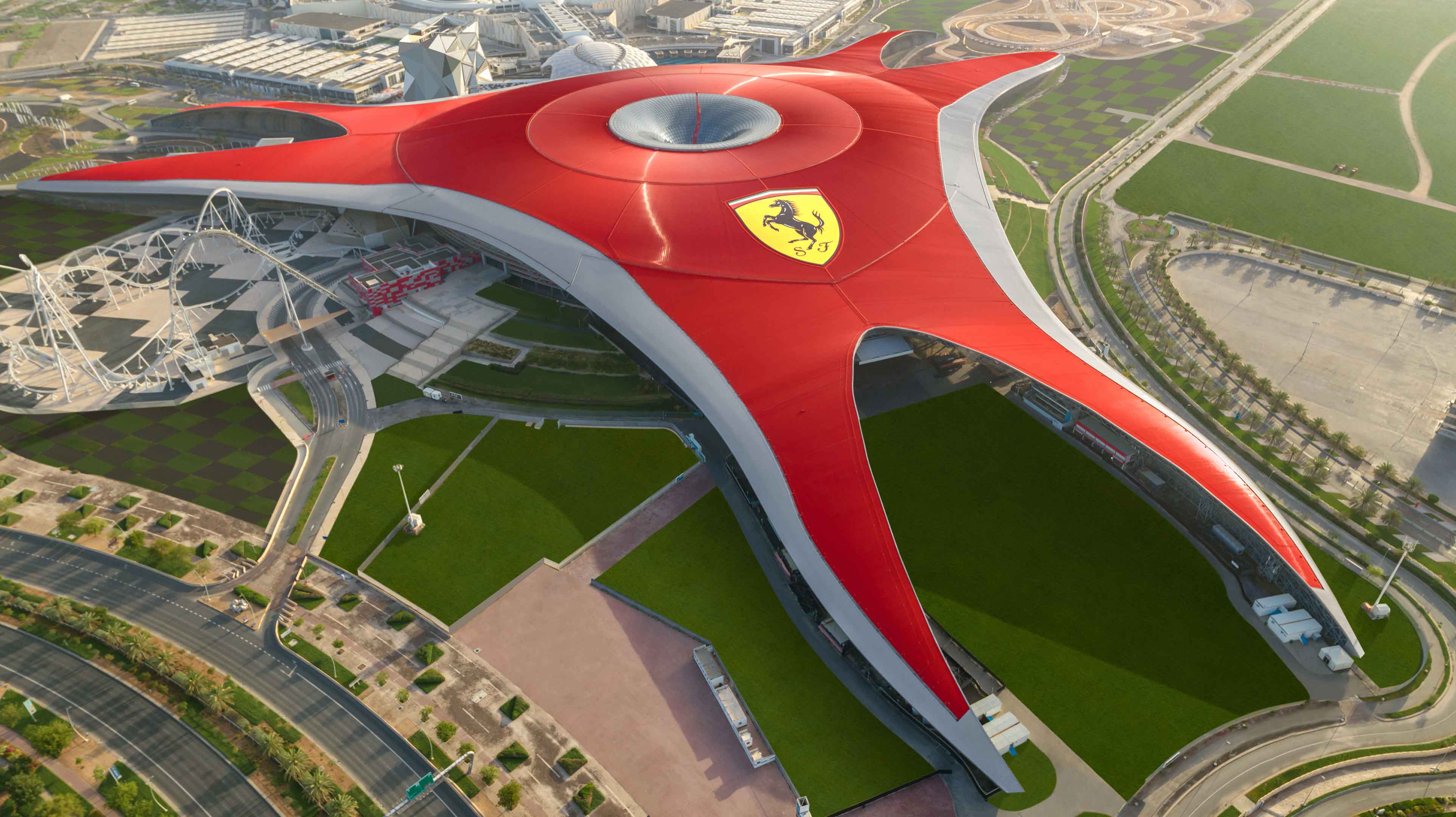 The iconic red roof of Ferrari World Abu Dhabi